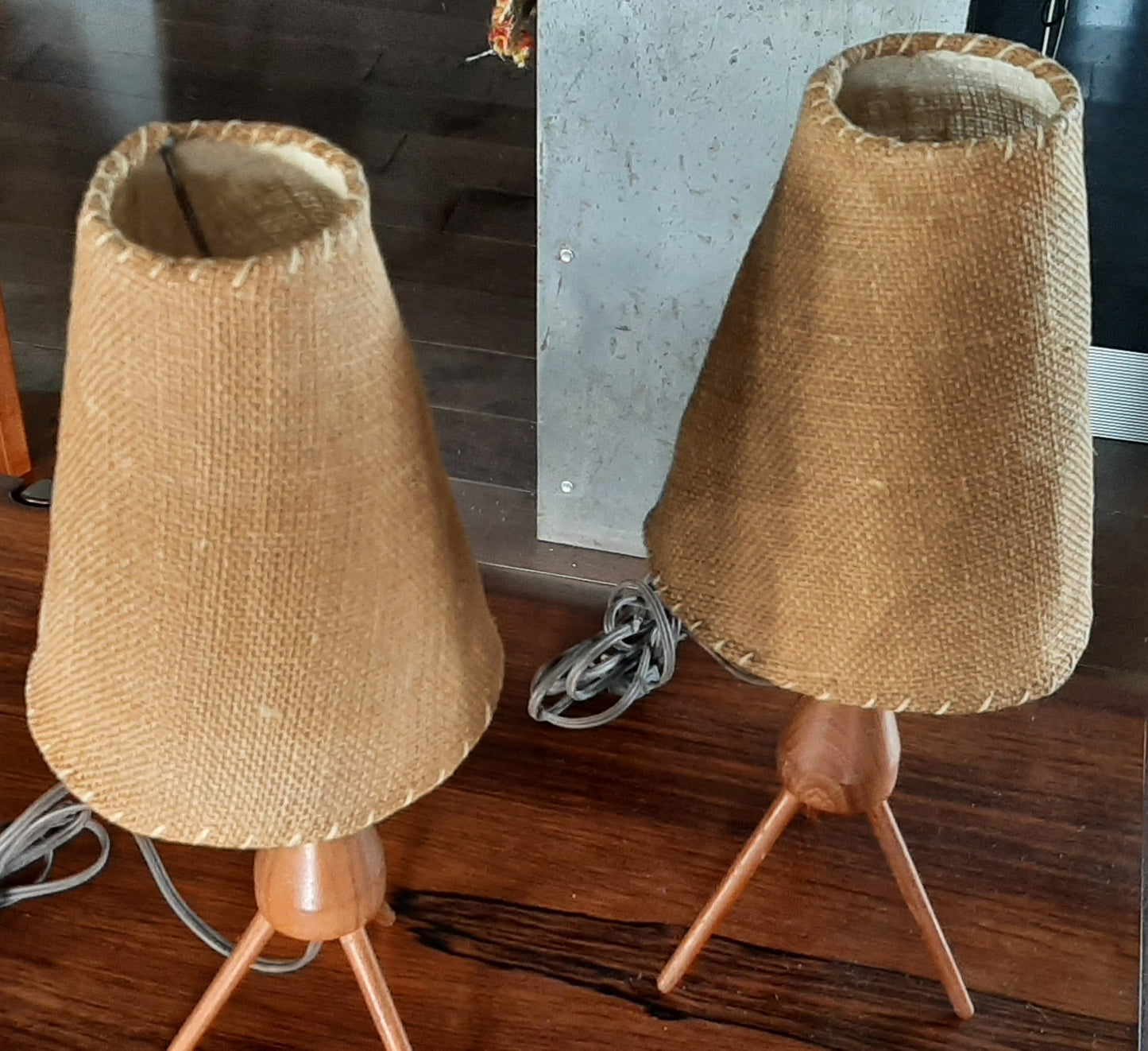 Set of 2 Mid Century Modern Atomic Sputnic Teak Bedside Lamps