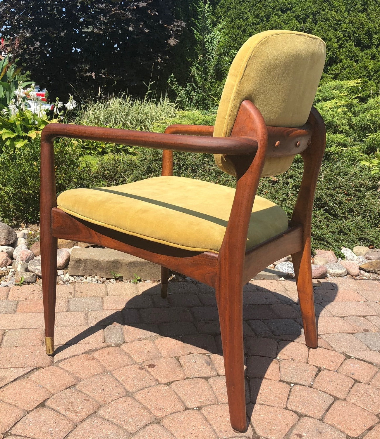 REFINISHED REUPHOLSTERED American MCM Walnut Armchair in Mustard Velvet GORGEOUS - Mid Century Modern Toronto