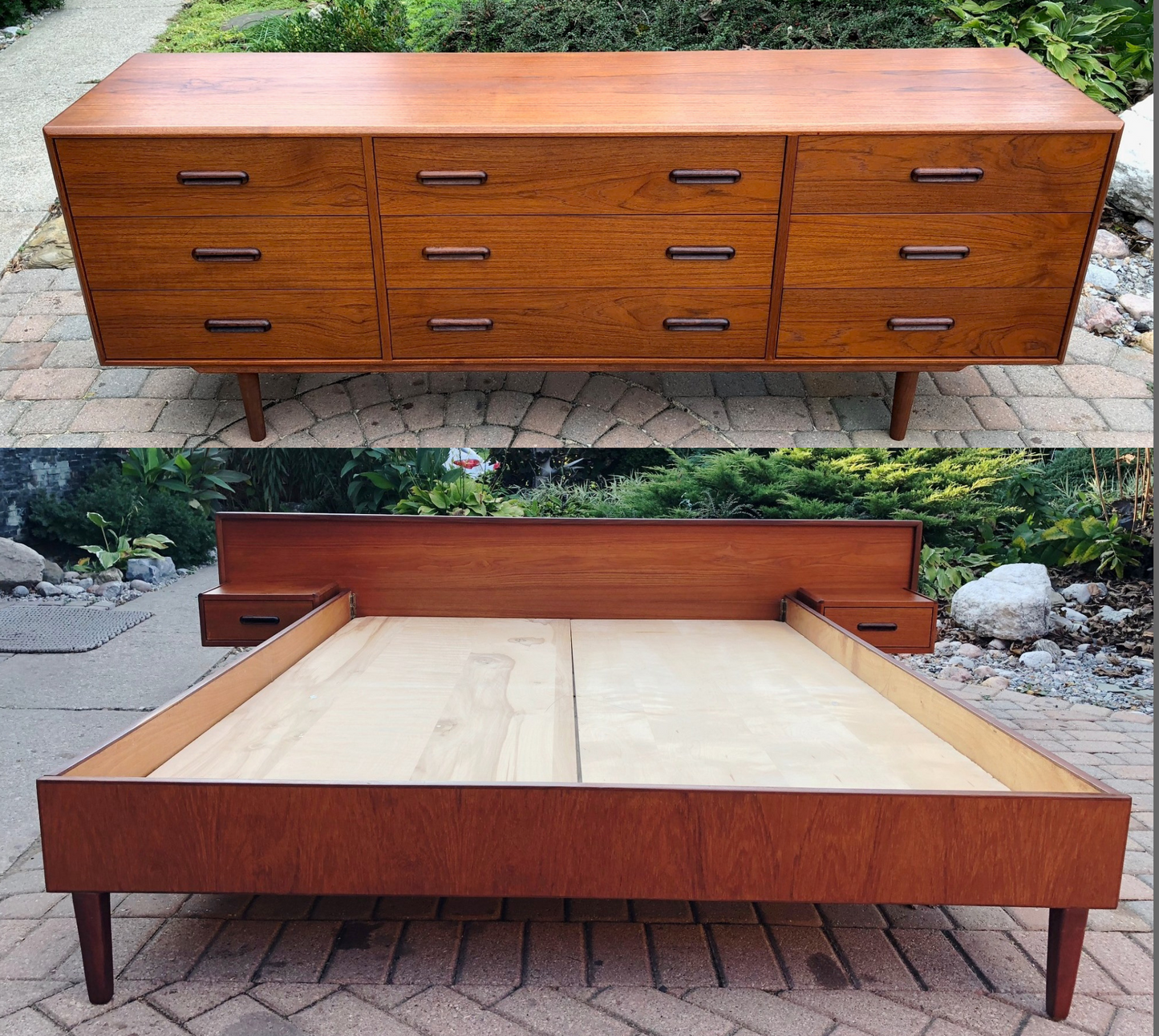 REFINISHED MCM Teak Dresser 9 Drawers & Queen Platform Bed with attached nightstands - Mid Century Modern Toronto