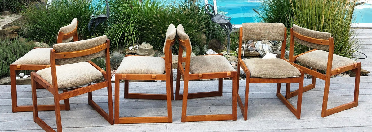 6 Danish MCM Teak Sleigh base chairs, straight lines & finger joints, each $50 - Mid Century Modern Toronto