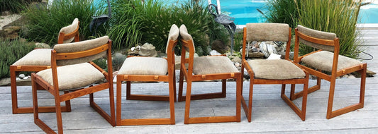 6 Danish MCM Teak Sleigh base chairs, straight lines & finger joints, each $50 - Mid Century Modern Toronto