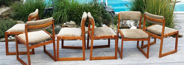 6 Danish MCM Teak Sleigh base chairs, straight lines & finger joints, each $50 - Mid Century Modern Toronto