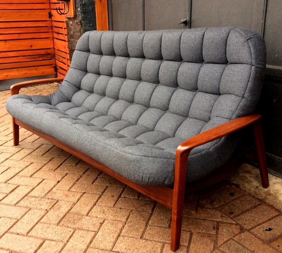 RESTORED Iconic Mid Century Modern Teak Sofa with arms - Scoop by Huber. Like New, Charcoal Wool Fabric - Mid Century Modern Toronto