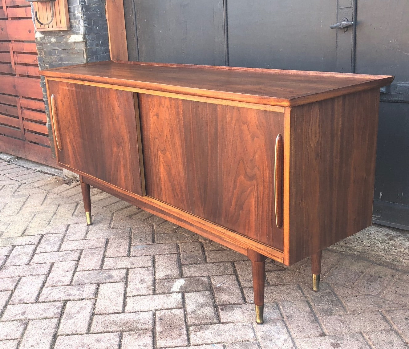 REFINISHED MCM Walnut Credenza w 2 Sliding Doors 62" - Mid Century Modern Toronto