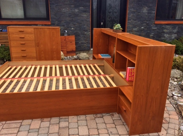 Teak MCM Queen Bedroom Set, made in Sweden, Restored, like New (platform bed, nightstands, his and her dressers) - Mid Century Modern Toronto