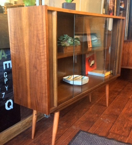 REFINISHED MCM Walnut Display Bookcase China with glass doors 48" - Mid Century Modern Toronto