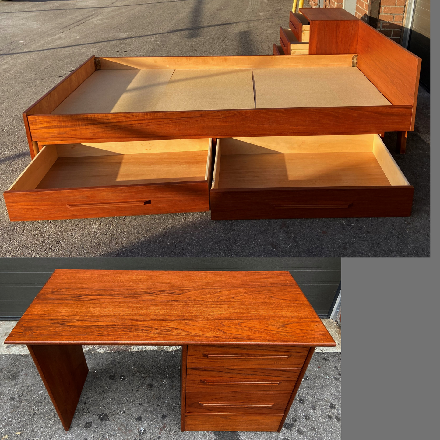 REFINISHED MCM Teak Bed Single XL w 2 Drawers & Nightstand. Matching Desk available