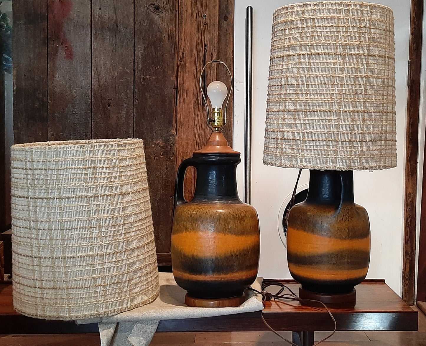 Set of 2 Large Mid Century Modern Orange Pottery Lamps, H 34" (including shades)
