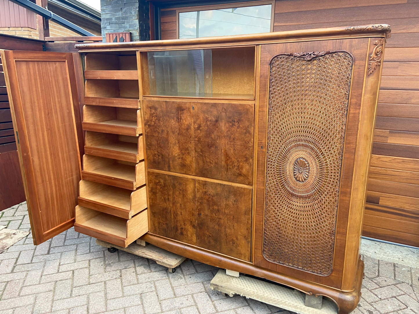 RESTORED Stunning Burr Walnut Armoire Wardrobe Secretary Desk