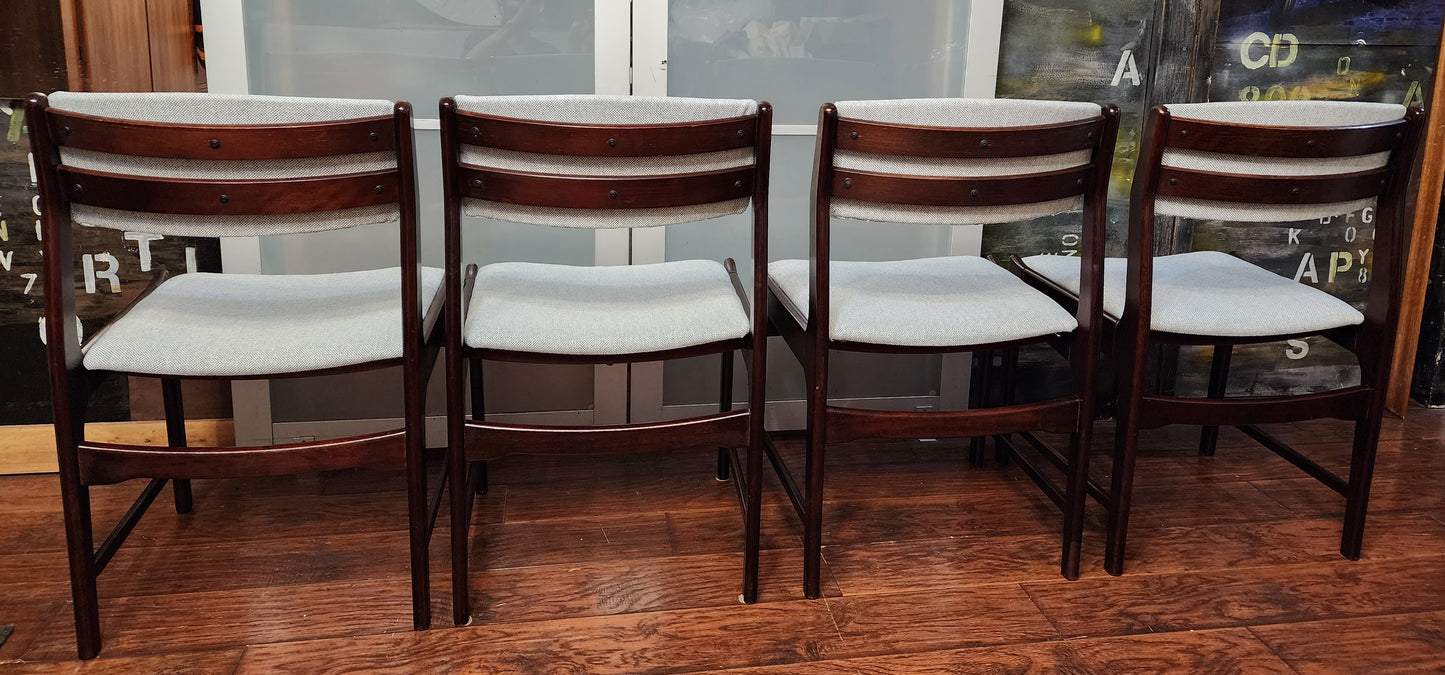 4 REUPHOLSTERED Mid Century Modern Dining Chairs in Maharam l.grey fabric, very comfortable