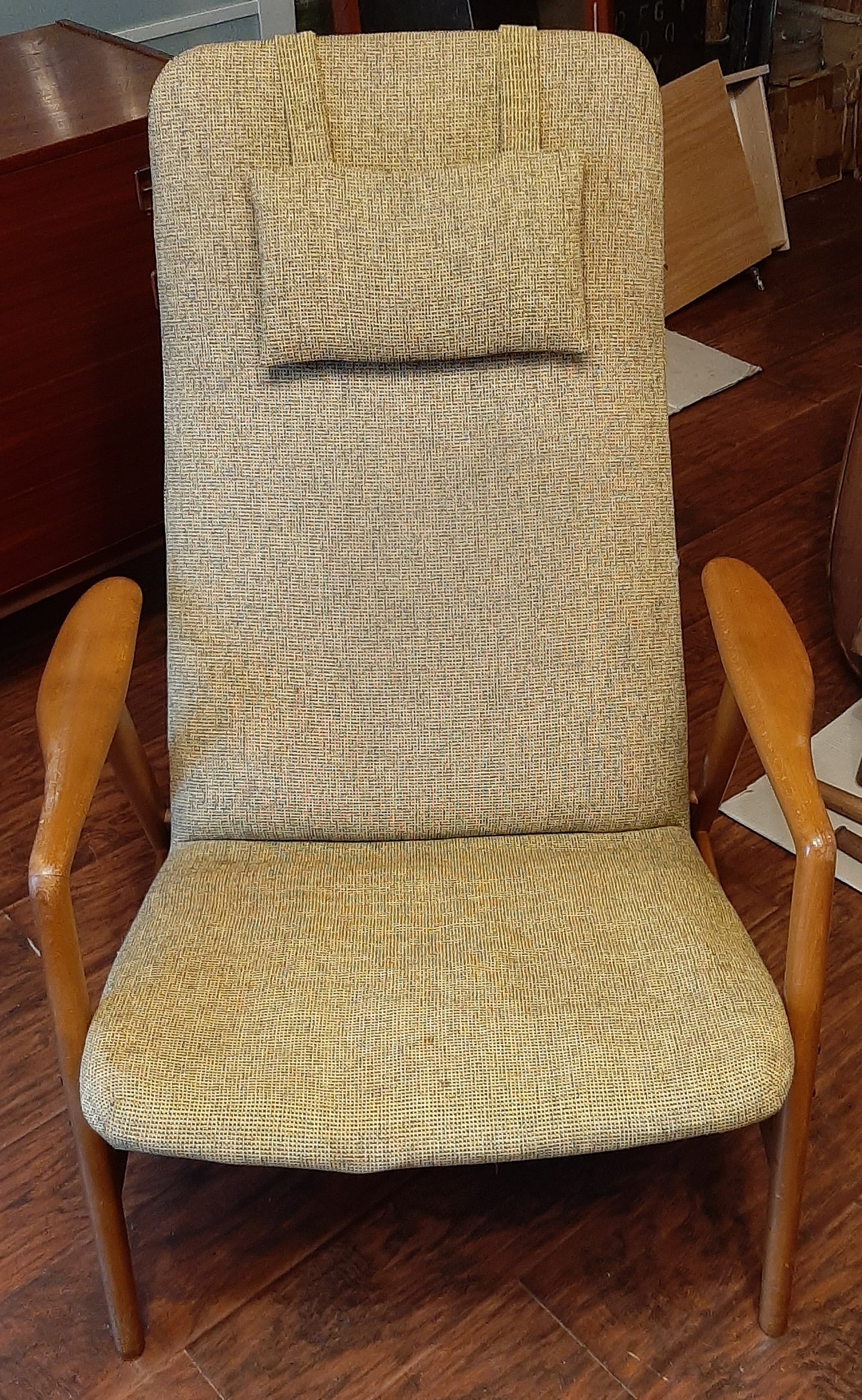 Will be REFINISHED & REUPHOLSTERED Danish MCM Teak Lounge Chair Recliner by Arne Vodder and Anton Borg