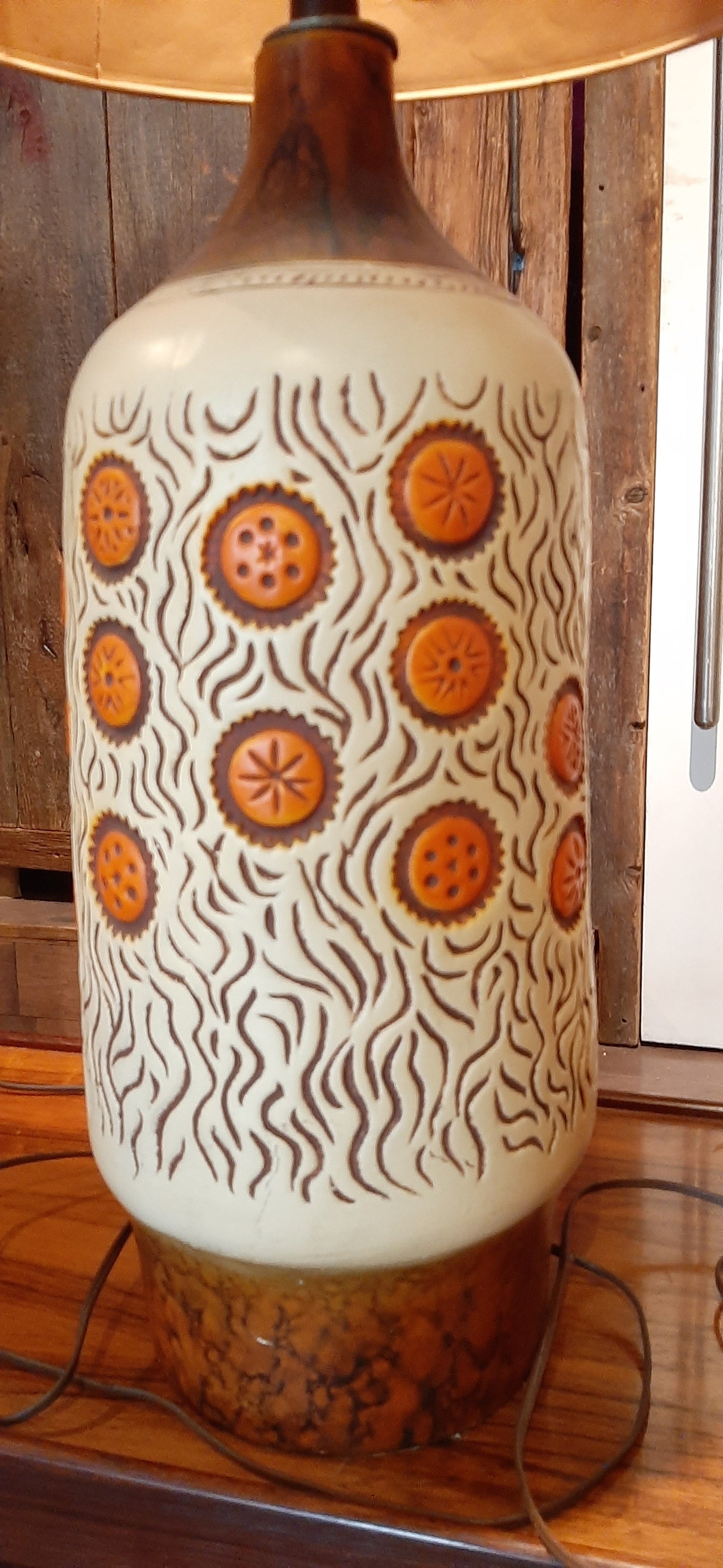 Large Mid Century Modern Orange Pottery Lamp, H 42" (including shade)