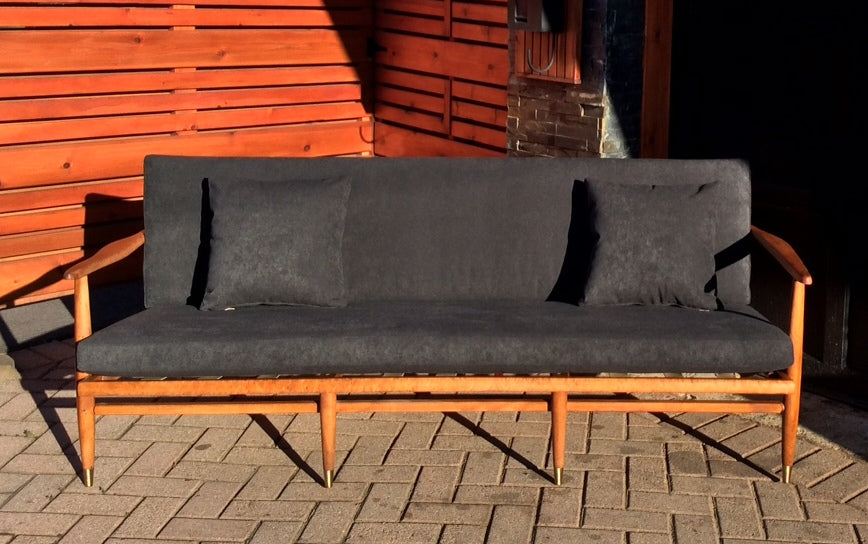 Mid Century Modern 3-Seater Sofa REFINISHED REUPHOLSTERED Charcoal Grey fabric - Mid Century Modern Toronto