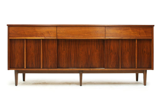 REFINISHED MCM Walnut Sideboard w Sliding Doors 74" - Mid Century Modern Toronto