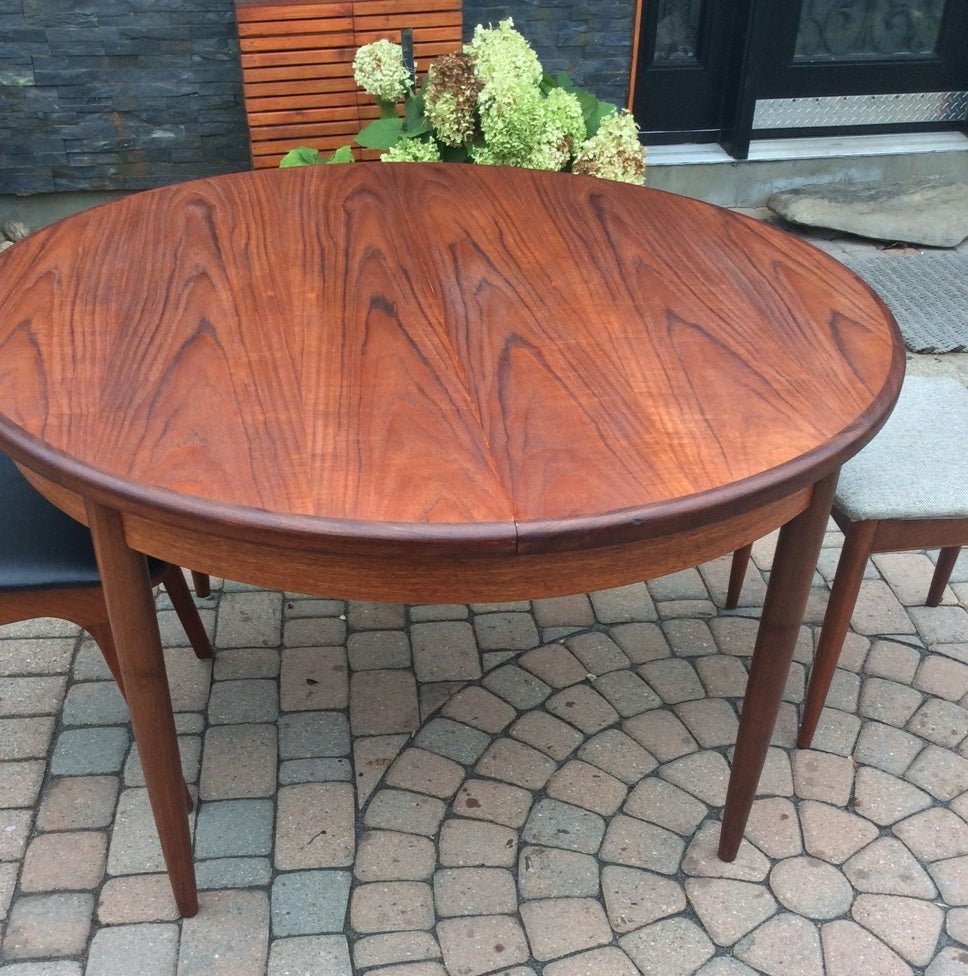 REFINISHED MCM Teak Dining Table Round to Oval Self Storing made by G PLAN in England - Mid Century Modern Toronto