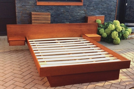 REFINISHED BEDROOM SET Mid-Century Modern Teak Platform Bed Queen w Floating Night Stands, 9 drawers Dresser, Tallboy 5 drawers - Mid Century Modern Toronto