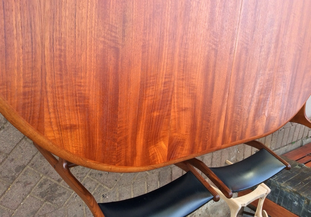 REFINISHED Mid Century Modern Teak Dining Table Oval Extendable Self Storing (with butterfly/ jackknife/ pop up leaf) - Mid Century Modern Toronto