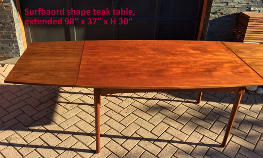 Mid Century Modern Teak Dining Table Extendable with 2 Leaves / Draw Leaf  or Pocket Leaf -REFINISHED, Surfboard shape - Mid Century Modern Toronto