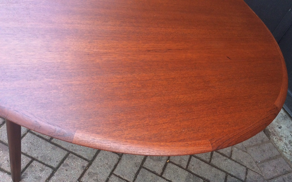 REFINISHED MCM Teak Dining Table Oval Self Storing with butterfly/ jackknife/ pop up leaf extension - Mid Century Modern Toronto