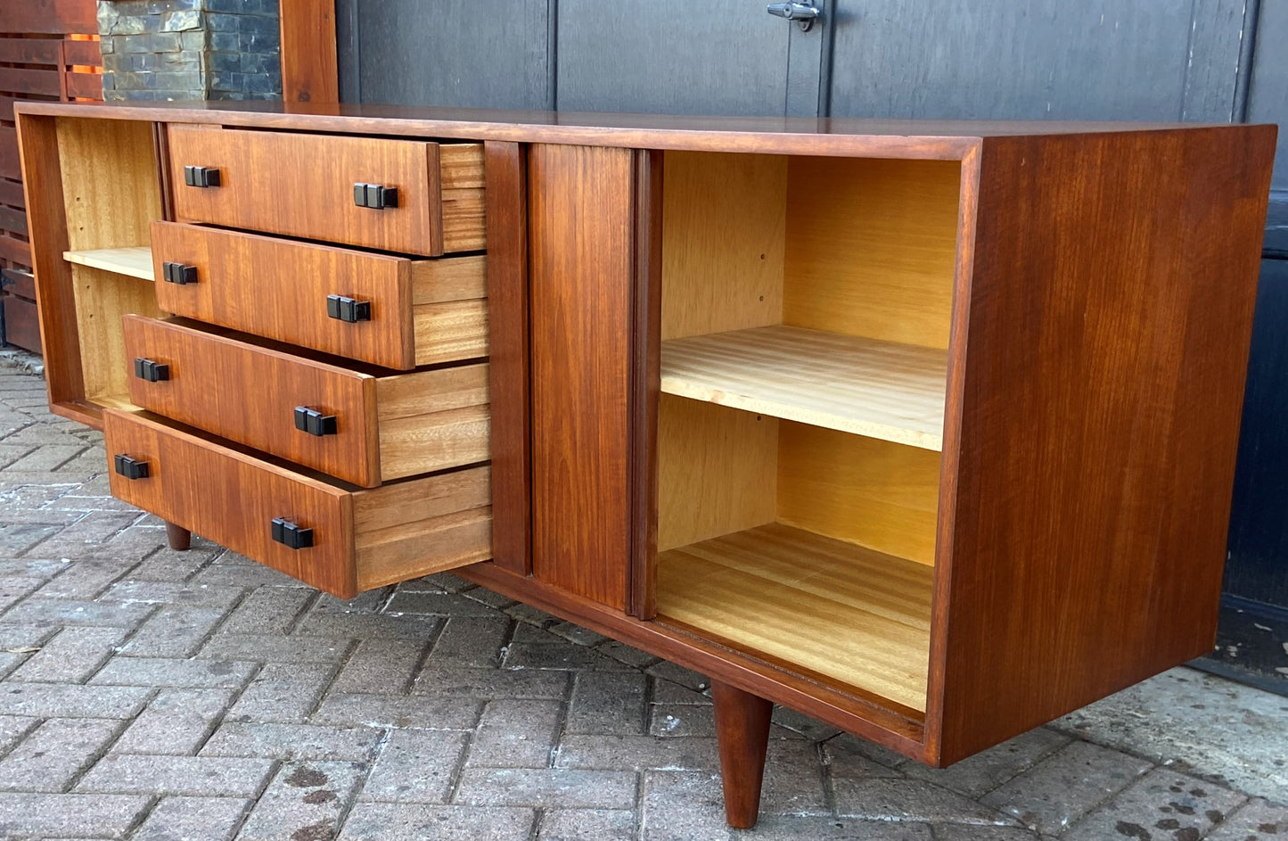 REFINISHED MCM Teak Sideboard with tambour doors by RS Associates 78"