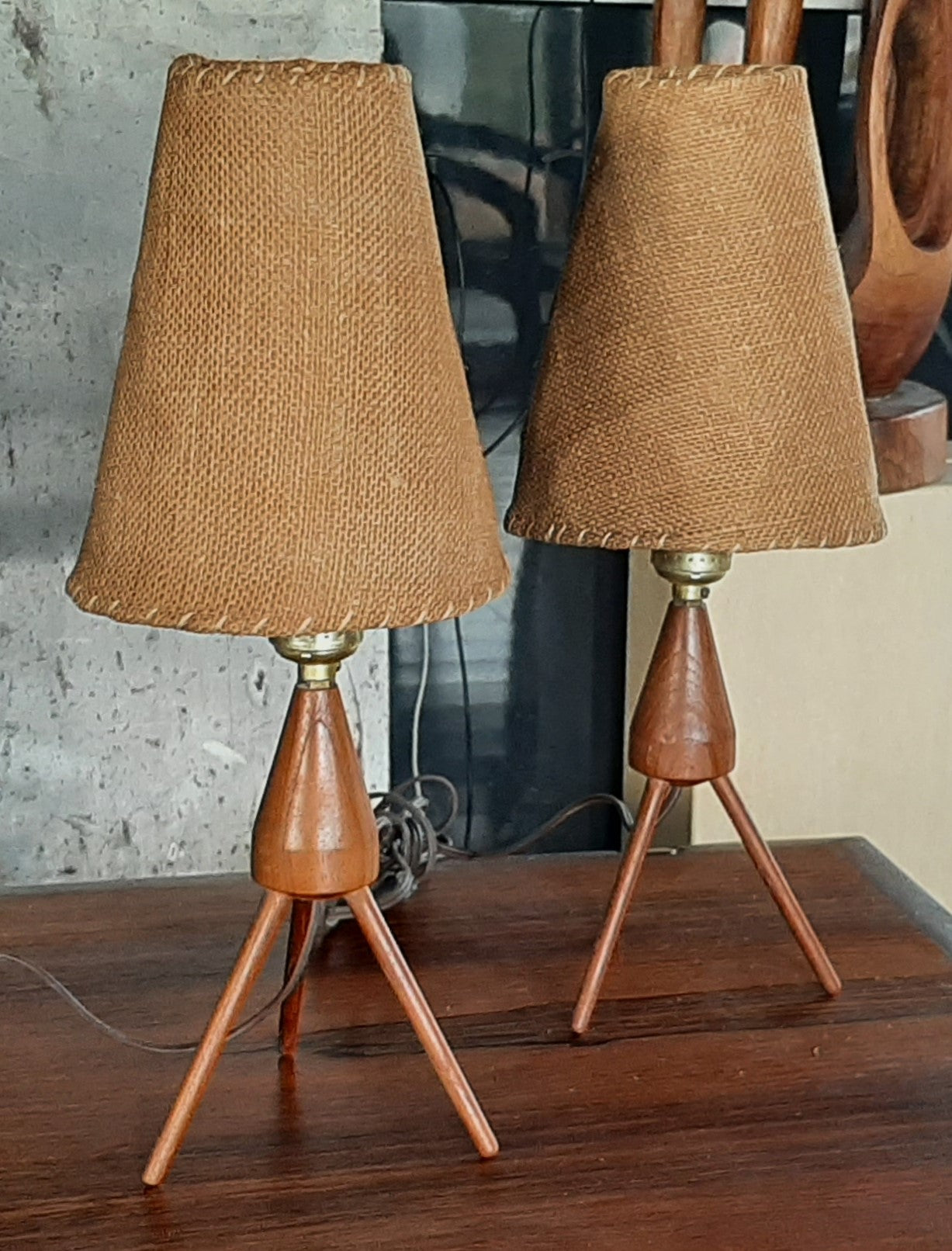 Set of 2 Mid Century Modern Atomic Sputnic Teak Bedside Lamps