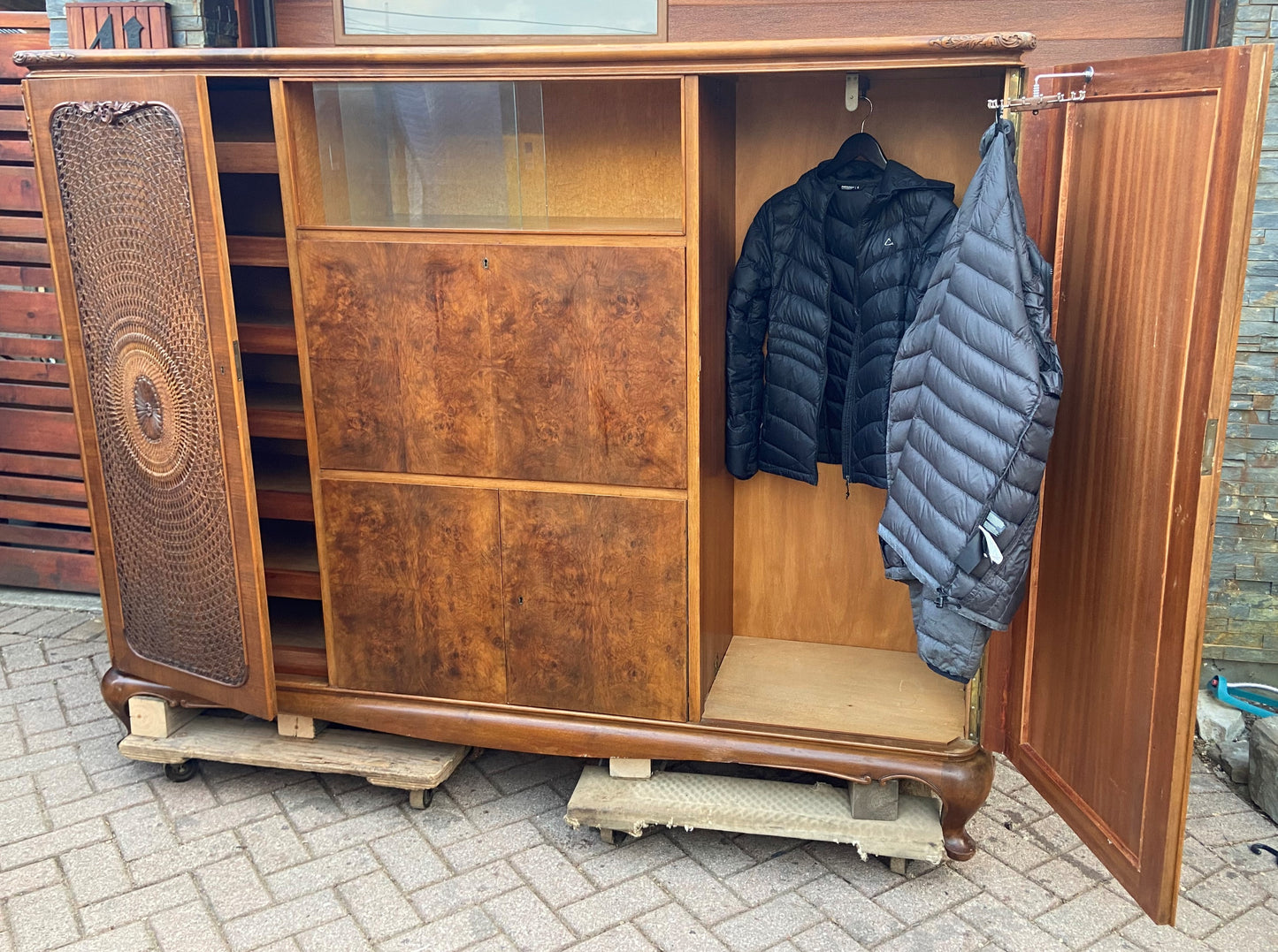 RESTORED Stunning Burr Walnut Armoire Wardrobe Secretary Desk