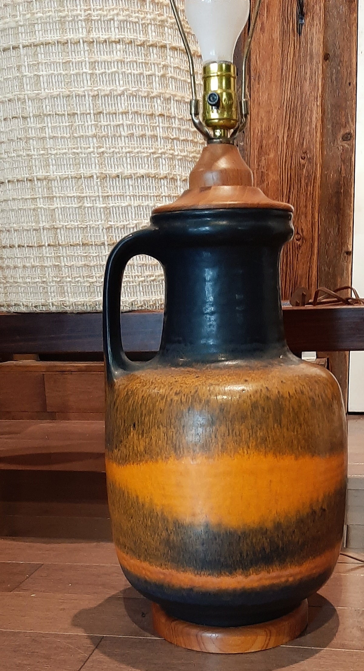 Set of 2 Large Mid Century Modern Orange Pottery Lamps, H 34