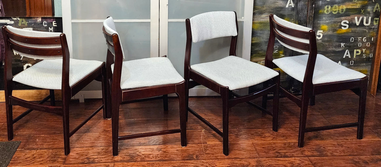 4 REUPHOLSTERED Mid Century Modern Dining Chairs in Maharam l.grey fabric, very comfortable
