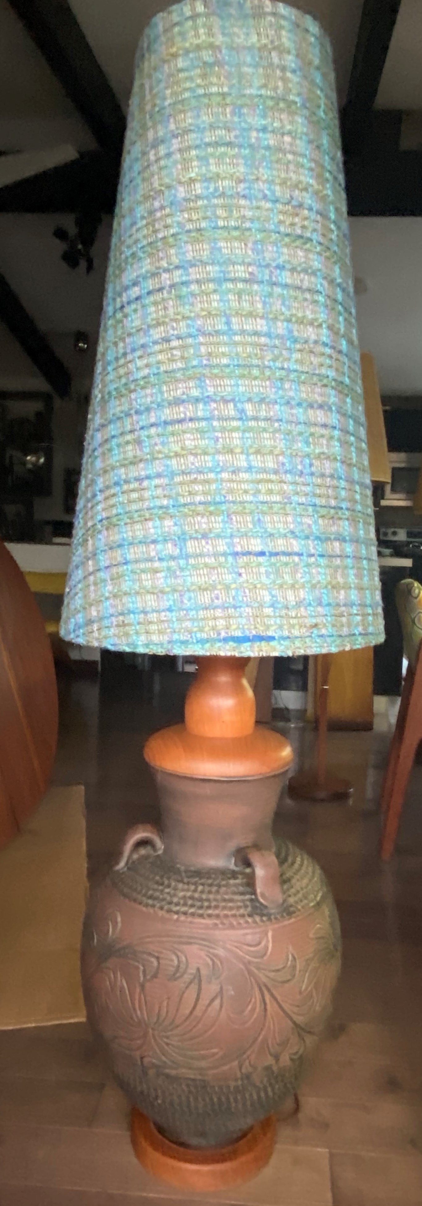 Large Mid Century Modern Floor Pottery Lamp, H 60" (including shade)