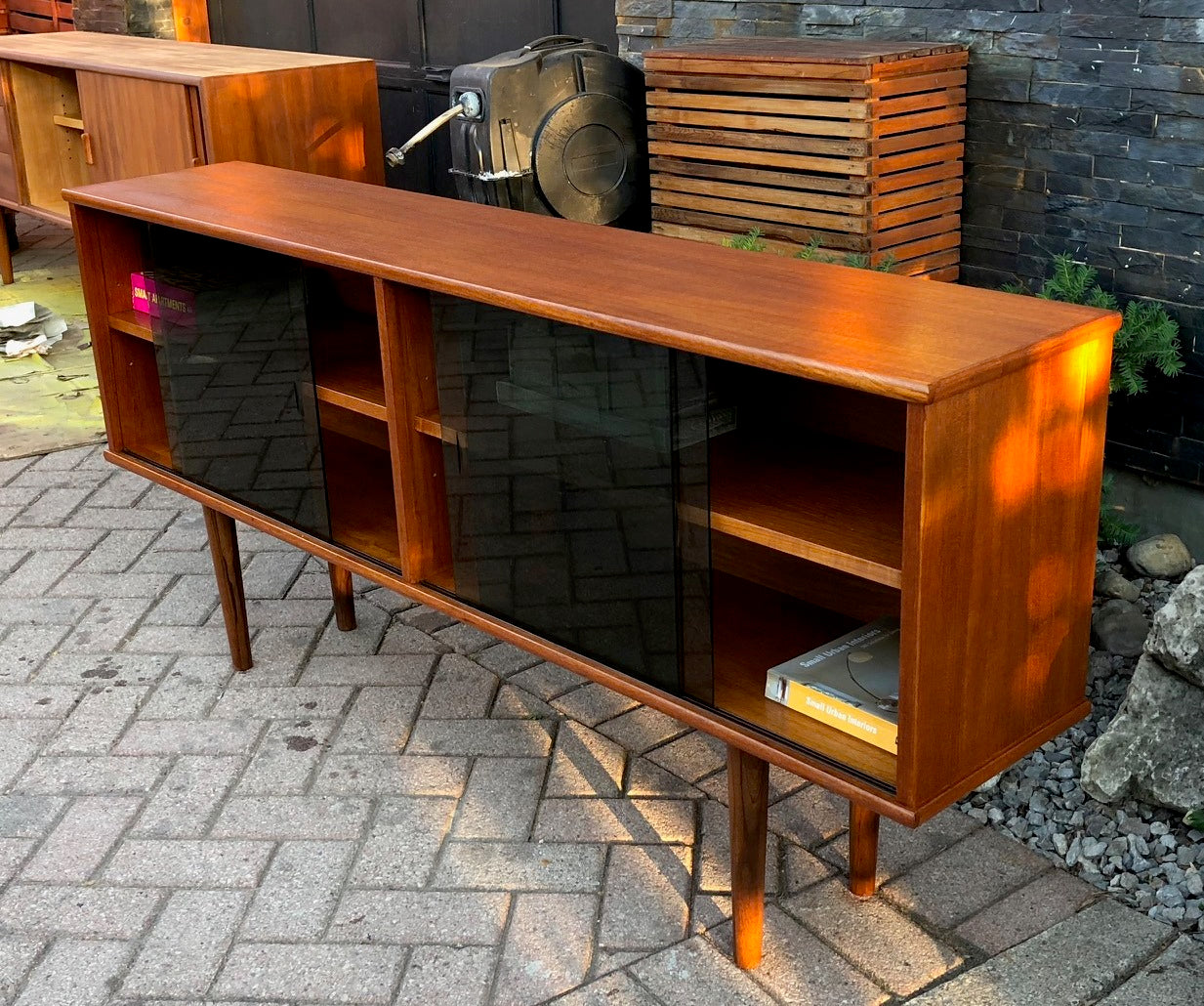 REFINISHED Danish MCM  Teak Display China Console 62.5"w tinted glass doors - Mid Century Modern Toronto