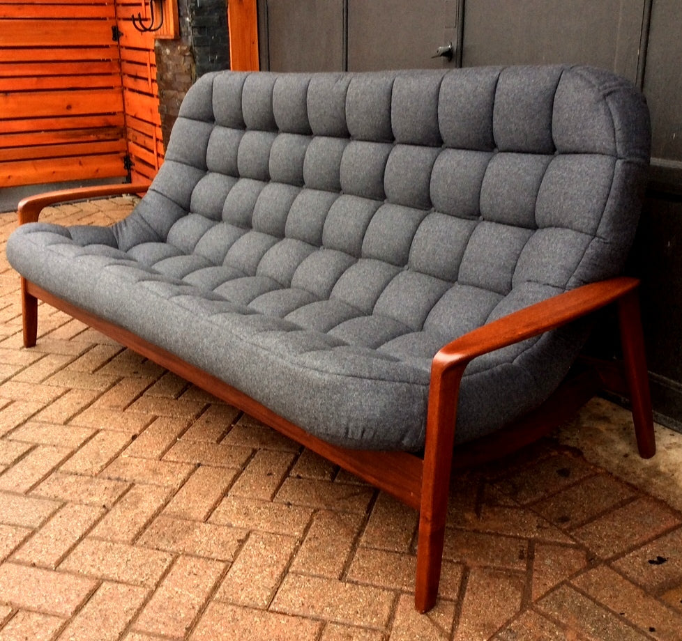 RESTORED Iconic Mid Century Modern Teak Sofa with arms - Scoop by Huber. Like New, Charcoal Wool Fabric - Mid Century Modern Toronto