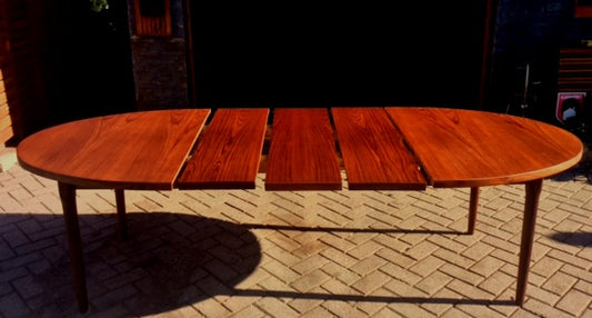 REFINISHED MCM  Oval Teak Table w 3 Leaves by Punch Designs 64"-100" - Mid Century Modern Toronto