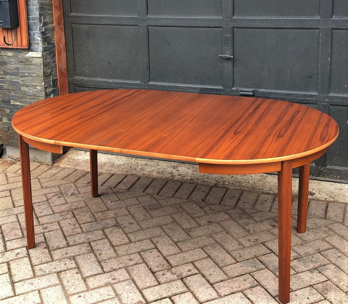 REFINISHED Swedish MCM Teak Dining Table round to oval w 2 leaves 42