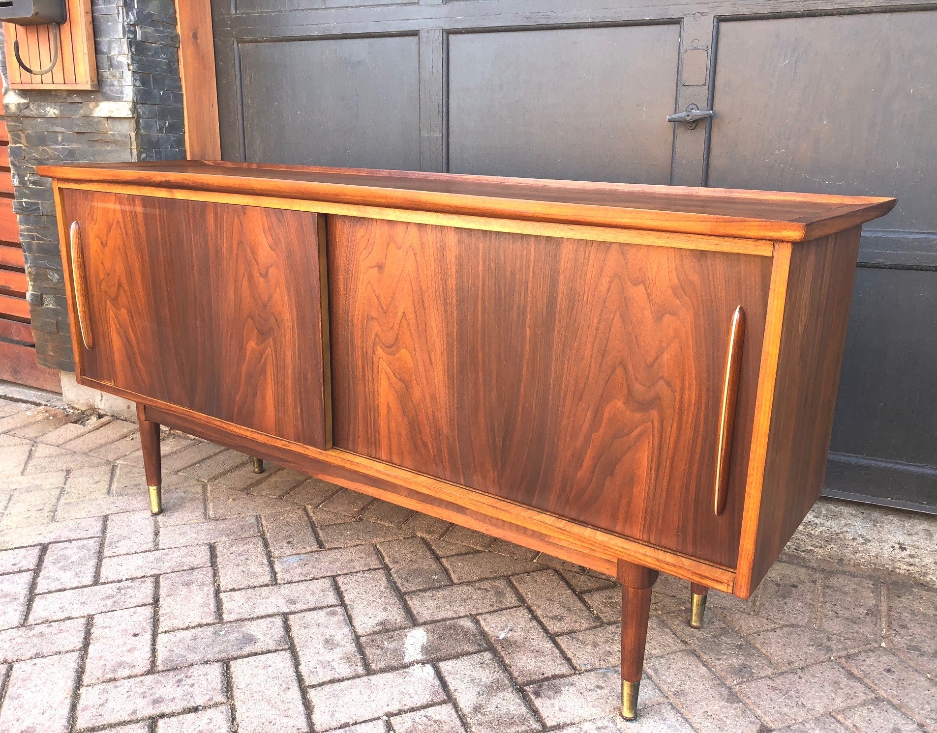 REFINISHED MCM Walnut Credenza w 2 Sliding Doors 62" - Mid Century Modern Toronto