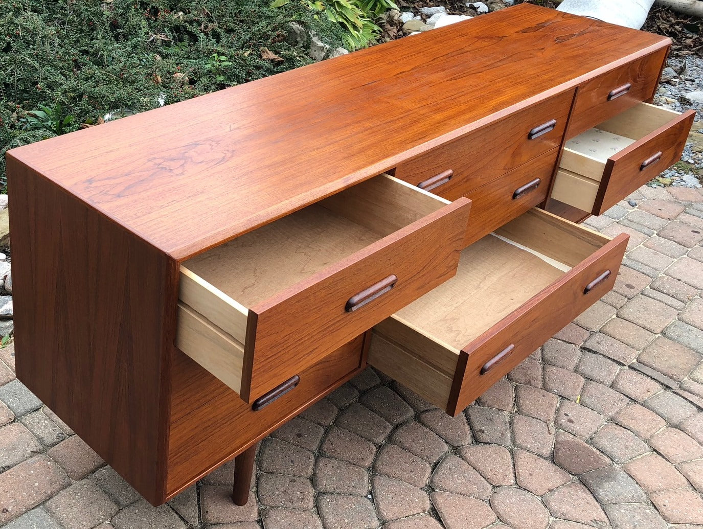 REFINISHED MCM Teak Dresser 9 Drawers & Queen Platform Bed with attached nightstands - Mid Century Modern Toronto