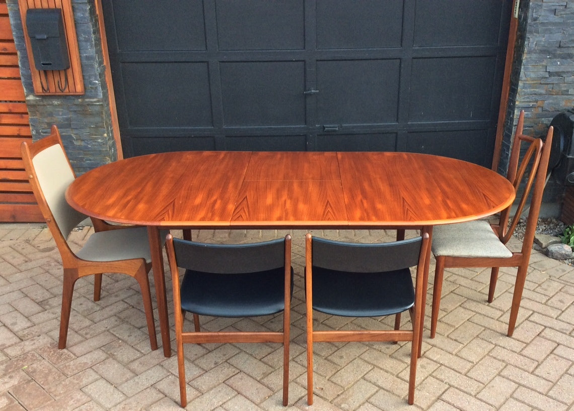 REFINISHED Mid Century Modern Teak Dining Table Oval Extendable Self Storing (with butterfly/ jackknife/ pop up leaf) - Mid Century Modern Toronto