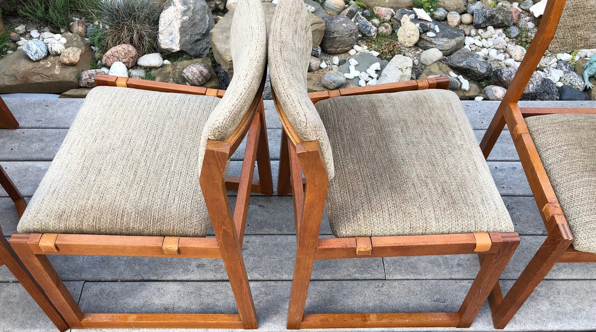 6 Danish MCM Teak Sleigh base chairs, straight lines & finger joints, each $50 - Mid Century Modern Toronto