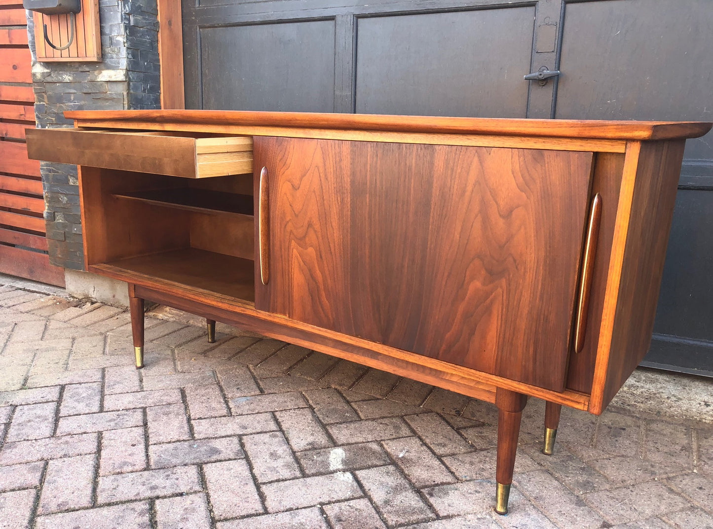 REFINISHED MCM Walnut Credenza w 2 Sliding Doors 62" - Mid Century Modern Toronto