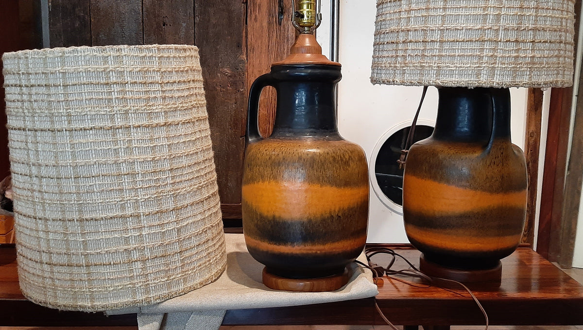 Set of 2 Large Mid Century Modern Orange Pottery Lamps, H 34