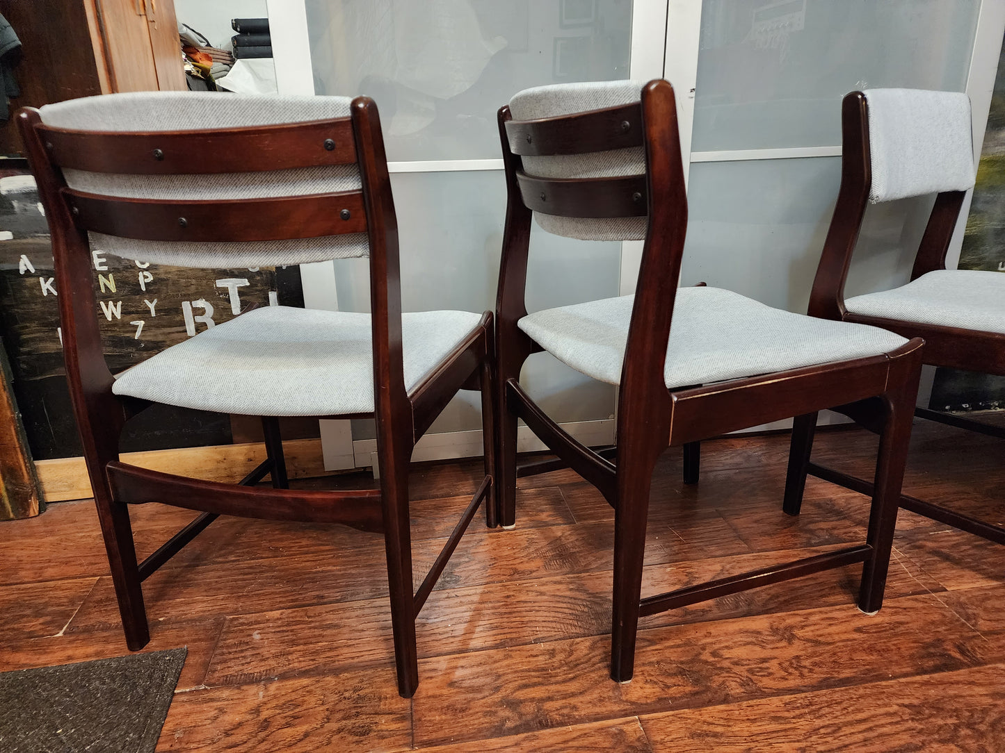 4 REUPHOLSTERED Mid Century Modern Dining Chairs in Maharam l.grey fabric, very comfortable