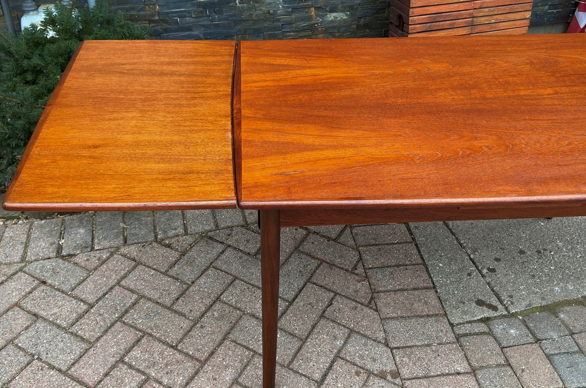 REFINISHED Danish MCM Teak Draw Leaf Table Surfboard shape, PERFECT, 48.5