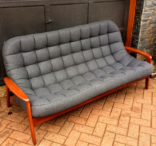 RESTORED Iconic Mid Century Modern Teak Sofa with arms - Scoop by Huber. Like New, Charcoal Wool Fabric - Mid Century Modern Toronto
