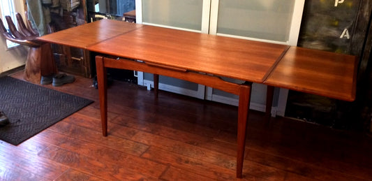 REFINISHED Danish Mid Century Modern Teak Floating Draw Leaf Dining Table - Mid Century Modern Toronto