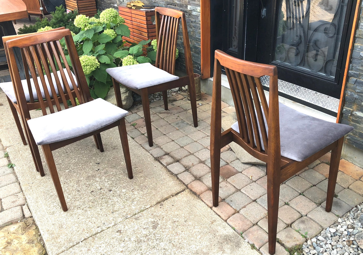4 REUPHOLSTERED MCM Walnut Chairs, grey velvet, each $125 - Mid Century Modern Toronto