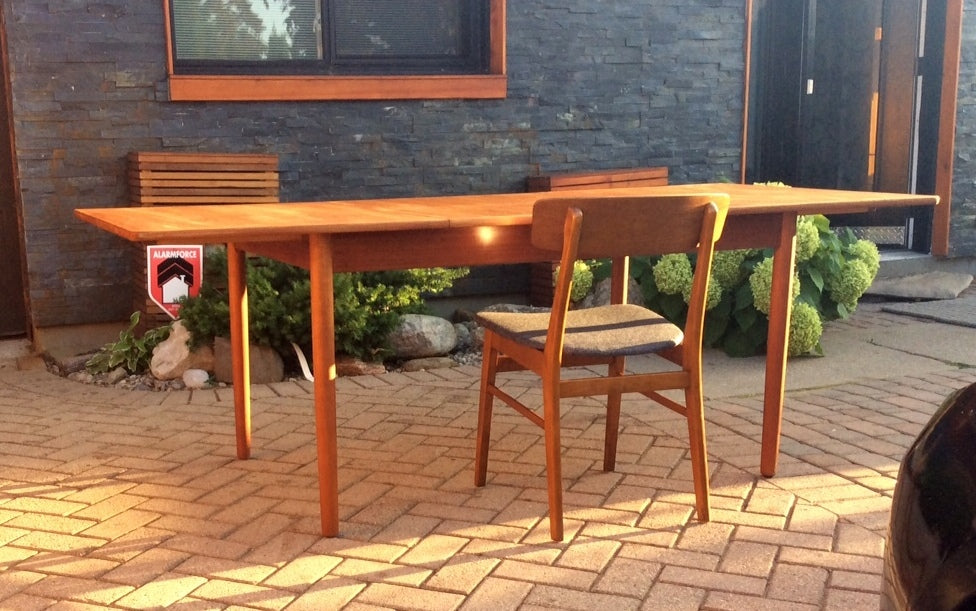 REFINISHED Danish Mid Century Modern Teak Table with Pop Up Leaf Extension - Mid Century Modern Toronto