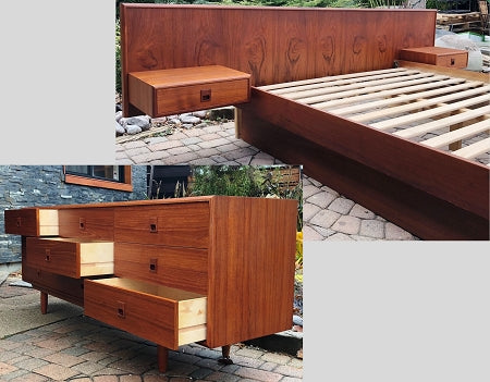 REFINISHED MCM Teak Platform Bed w floating nightstands Queen & Teak Dresser 9 Drawers - Mid Century Modern Toronto