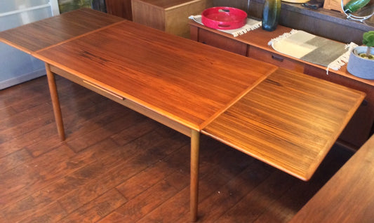 REFINISHED Danish Mid Century Modern Teak Dining Table Extendable with 2 Leaves-  4.5 ft up to 8 ft - Mid Century Modern Toronto
