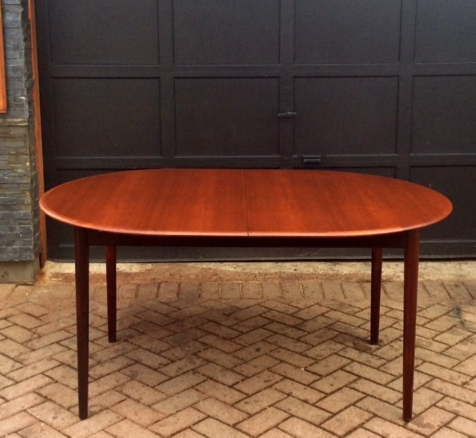 REFINISHED MCM Teak Dining Table Oval Self Storing with butterfly/ jackknife/ pop up leaf extension - Mid Century Modern Toronto