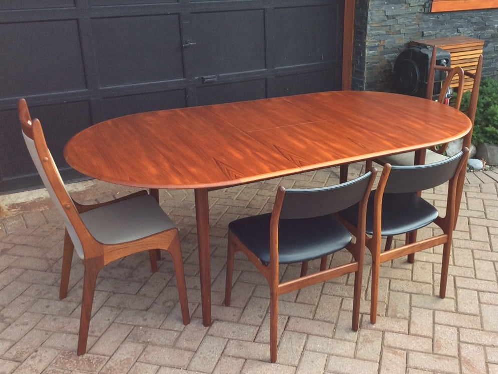 REFINISHED MCM Teak Dining Table Oval Self Storing with butterfly/ jackknife/ pop up leaf extension - Mid Century Modern Toronto