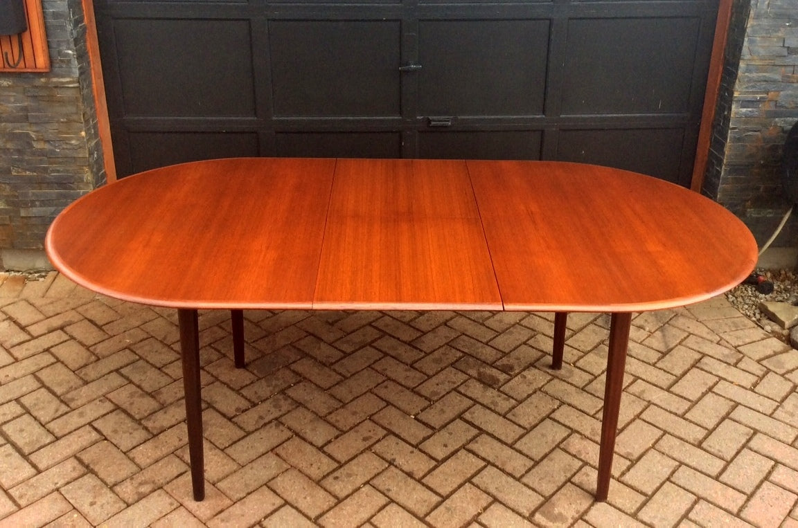 REFINISHED MCM Teak Dining Table Oval Self Storing with butterfly/ jackknife/ pop up leaf extension - Mid Century Modern Toronto